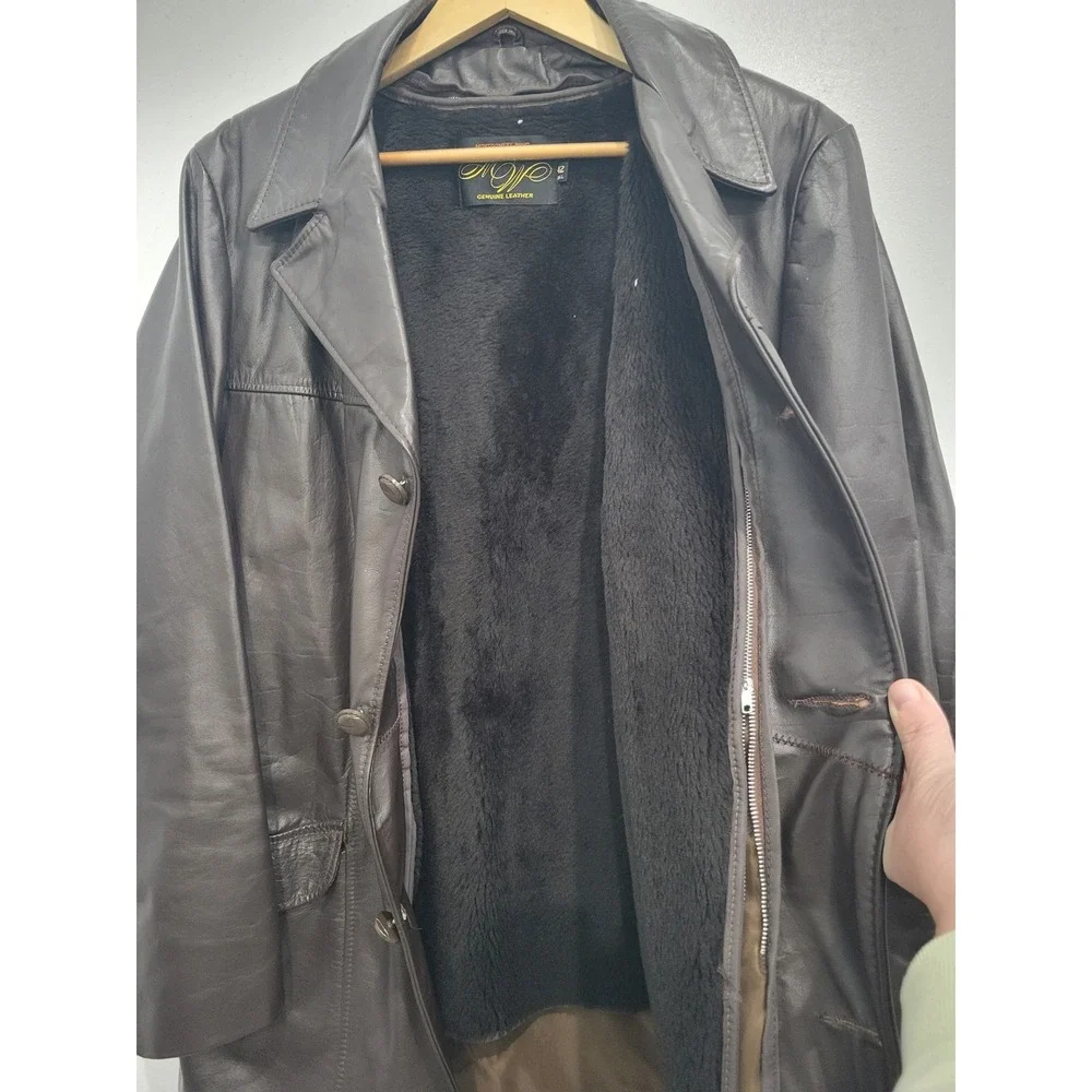 Montgomery Ward Vintage Brown‎ Leather Car Coat Faux Fur Lined Mens 42 Tall